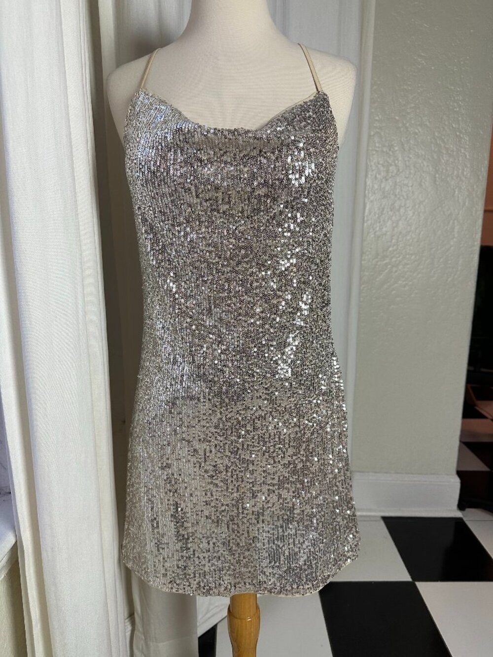 Silver Sequin Mini Dress Cowl Neck Open Back Cross Strap Party Dress